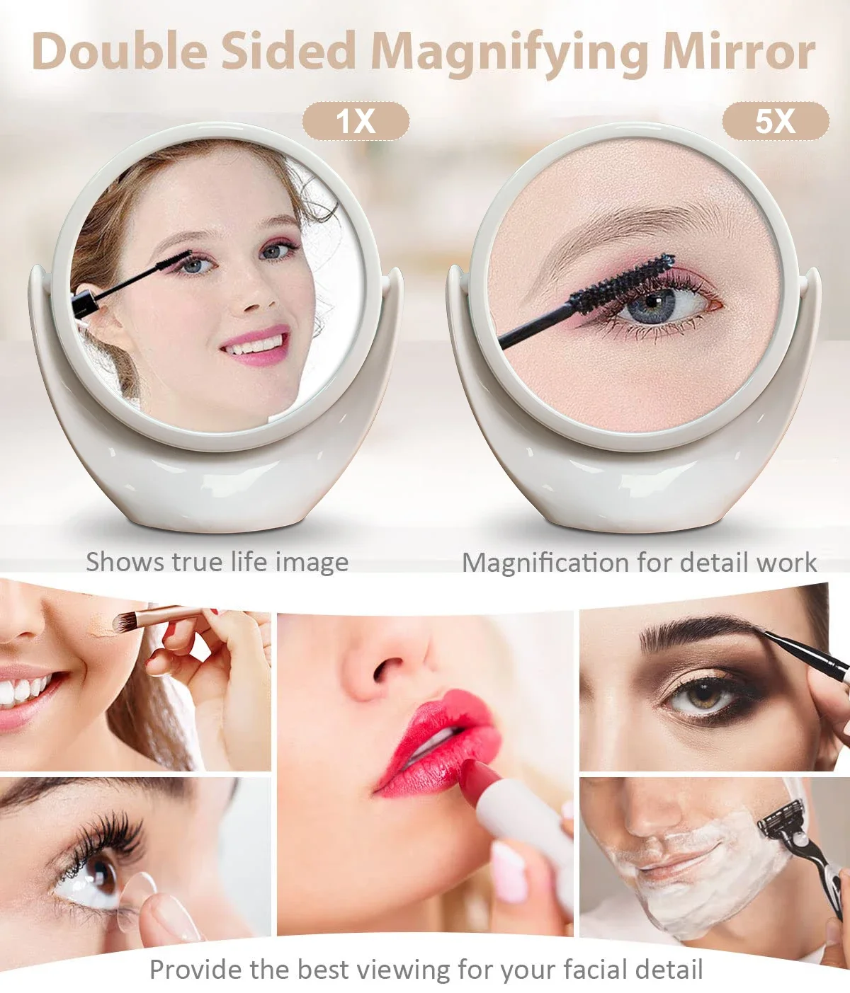 Double-sided 1x/5x Magnifying Makeup Vanity Mirror without light Free Standing 360 &deg; Rotation Travel Portable Cosmetic Compact makeup mirror magnifying mirror
