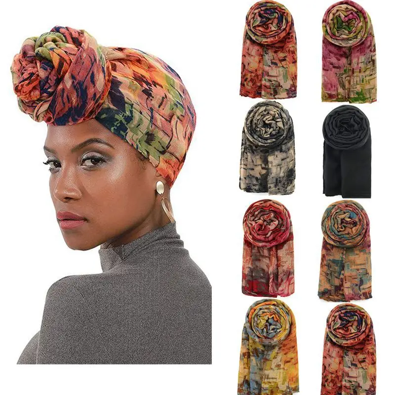 CHENKIO Women's Turban African Pattern Knot Headwrap Beanie Pre-Tied Bonnet Chemo Cap Hair Loss Hat Hijab Undercap Jersey Hijab