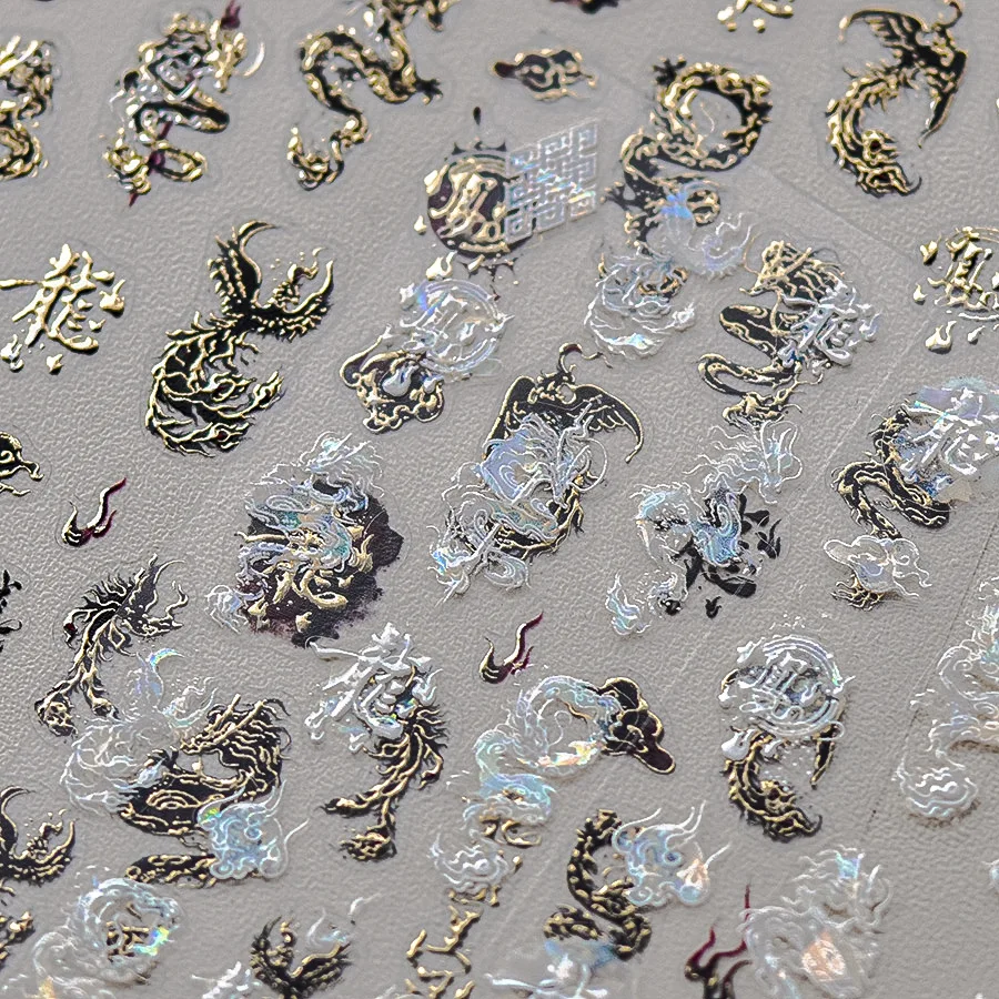 Retro Dark Black Phoenix Chinese Swan Rose Flower Dragon Strass Soft Relief Goffrato 3D Autoadesivo Nail Art Sticker Decalcomania