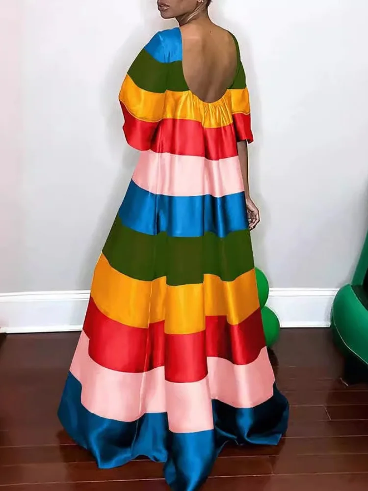 Wmstar 2025 New Women Fashionable Elegant Dress Printing Stripes Color Matching A line Dress Short Sleeveless O Neck