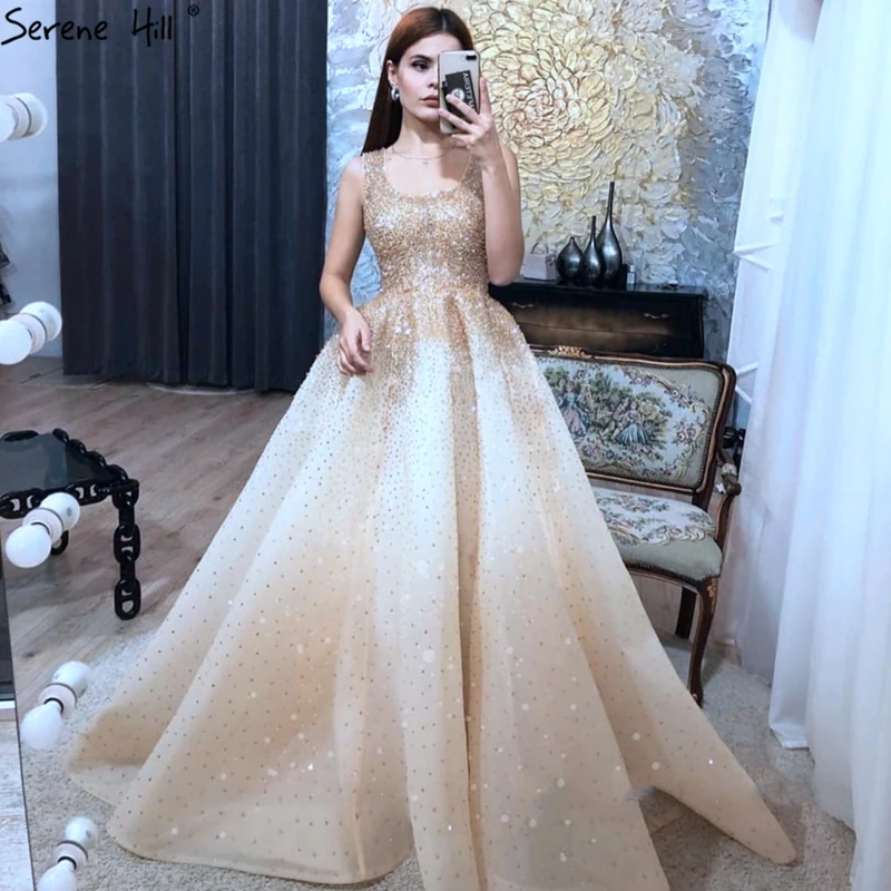 Serene Hill champagne A-Line Sleeveless Luxury Evening Dresses Design Full Crystal Sexy Gowns 2022 BLA70232 | Свадьбы и торжества