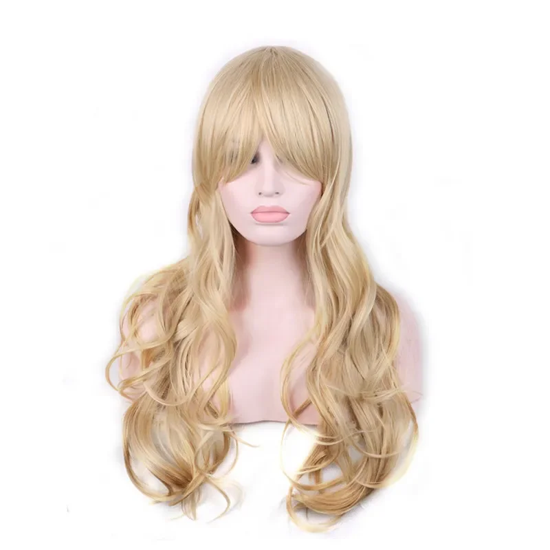 long blonde curly wigs natural hair wig blond fiber synthetic wigs with bangs good quality