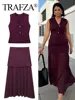 TRAFZA 2024 Women Skirt Set Wine Red Knitted V-Neck Sleeveless Slim Vest +Solid High Waist Zipper Patchwork Long Skirt Street 1