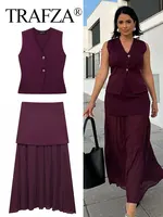TRAFZA 2024 Women Skirt Set Wine Red Knitted V-Neck Sleeveless Slim Vest +Solid High Waist Zipper Patchwork Long Skirt Street 1
