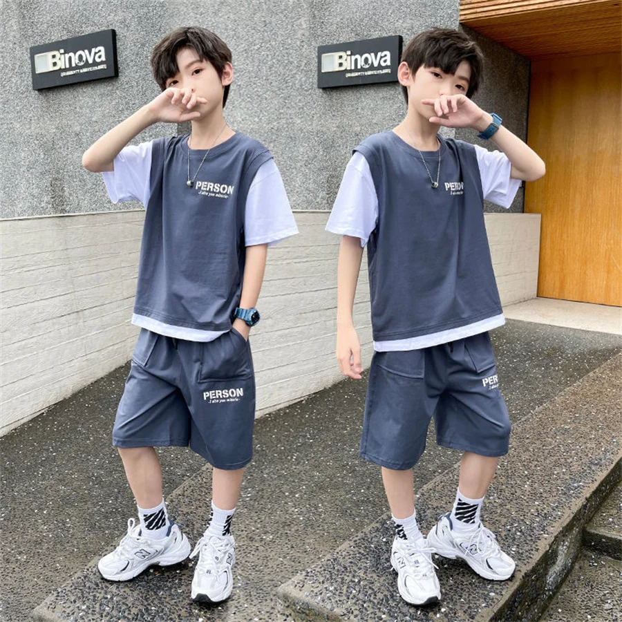 

2pc Boys Clothes Set Summer Kids Short Sleeve Hooded Tops Fake Two Shorts Casual loose Outfits Set with Pants for Boy Clothing