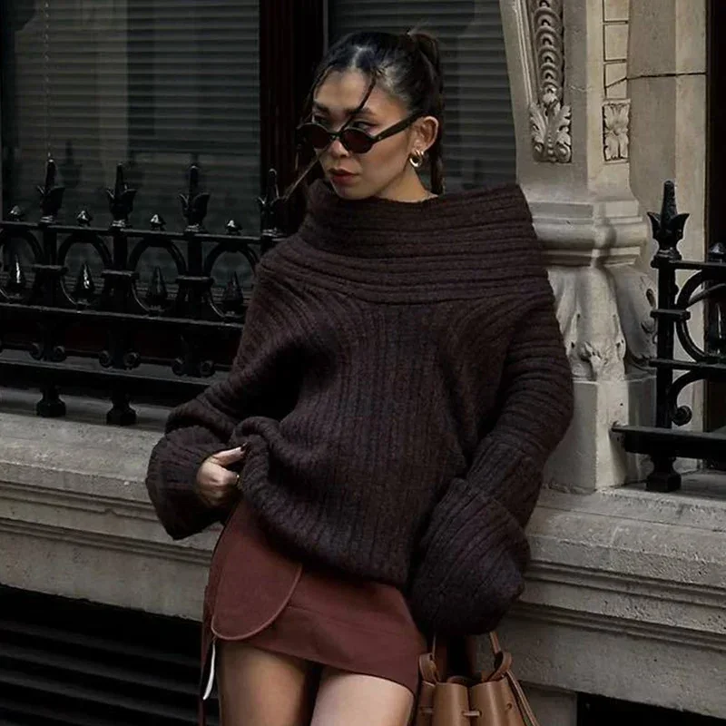 Trendix Long Sleeve Knit Sweater Women Autumn Winter Oversized Off Shoulder Pullover Street Fashion Vintage Loose Knitted Tops 6