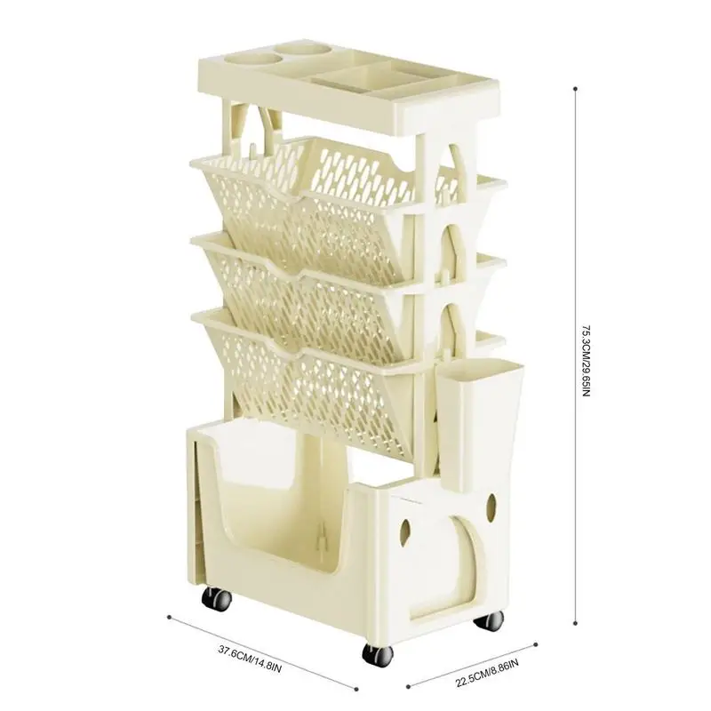 5 Tier Movable Book Shelf On Wheels Rotatable Storage Bookcase Creative Bookshelf Display Stand Home Decoration Book Organizer