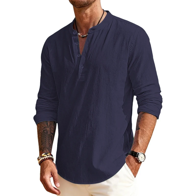 Animal Game Luxury Men's Cotton Shirts Henley T-Shirts Long Sleeve Casual T-Shirts Solid Tops Hawaiian social Shirts for Men