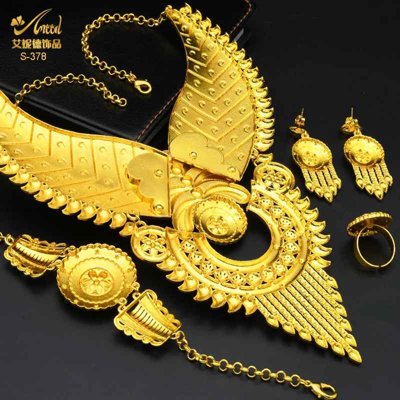 Aniid indian big plated gold jewelry women necklace sets dubai african party bridal wedding gifts arabic