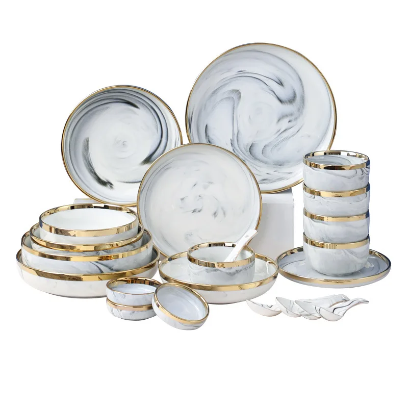 Nordic Gold Rim Ceramic Tableware Set Gray Marbled Dinner Plate Soup Bowl Dish Spoon Home Simple Luxury Flatware