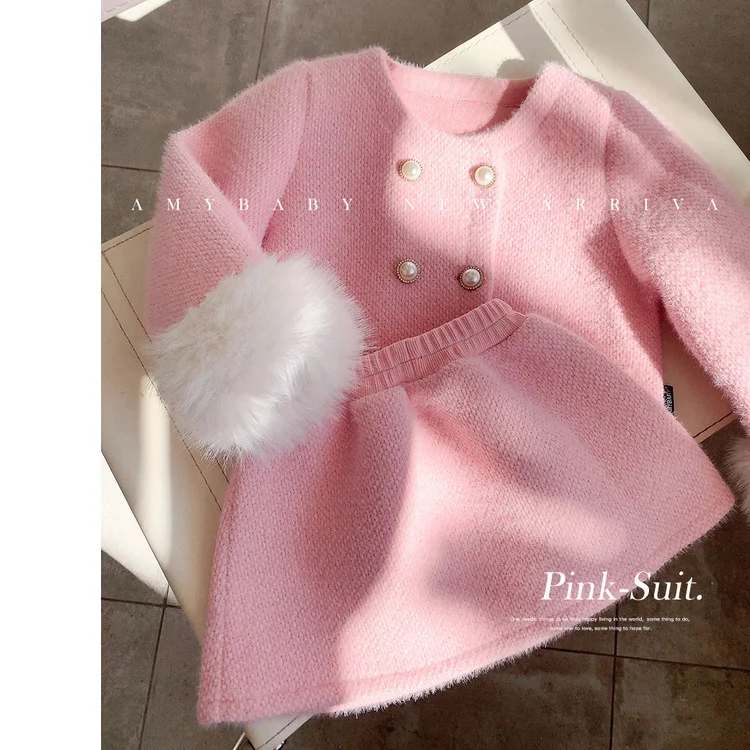 

Retail New Baby Girls Teenage Formal Lady Boutique Winter Sets, Coat + Skirts Princess Elegant Candy Suits Girl 2-10T