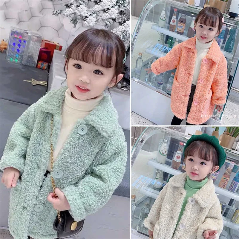 

Куртки из овечьей шерсти для девочек, осенне-зимние теплые повседневные пальто, модная верхняя одежда для детей, 2023, детская одежда с отложным воротником