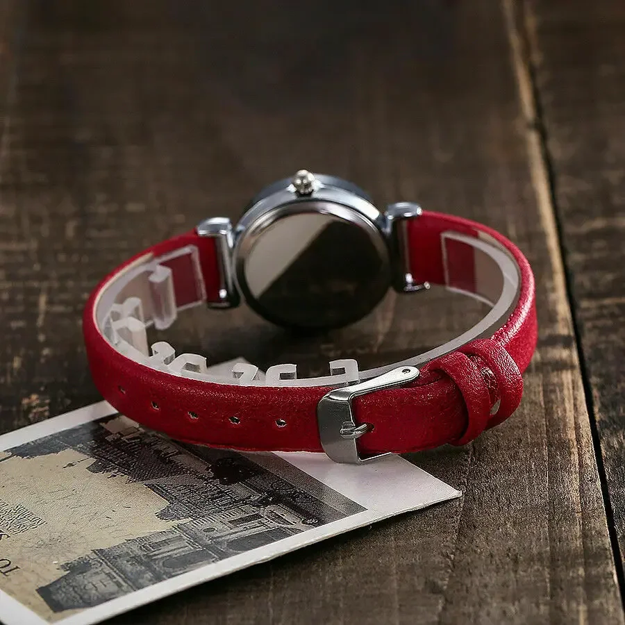 Elegant Women's Retro Quartz Watch with Black and Red Leather Strap