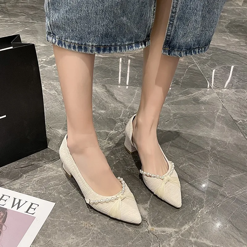 

Women Shoes Fashion Sexy Pointed Shoes String Beads 2024 Sprin New Comfortable Chunky Heel Ladies Single Shoes Patent Leather