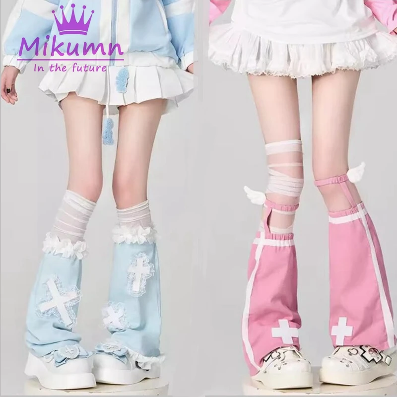 Mikumn Harajuku Blue White Pink Cross Lace Leg Warmers Socks Women