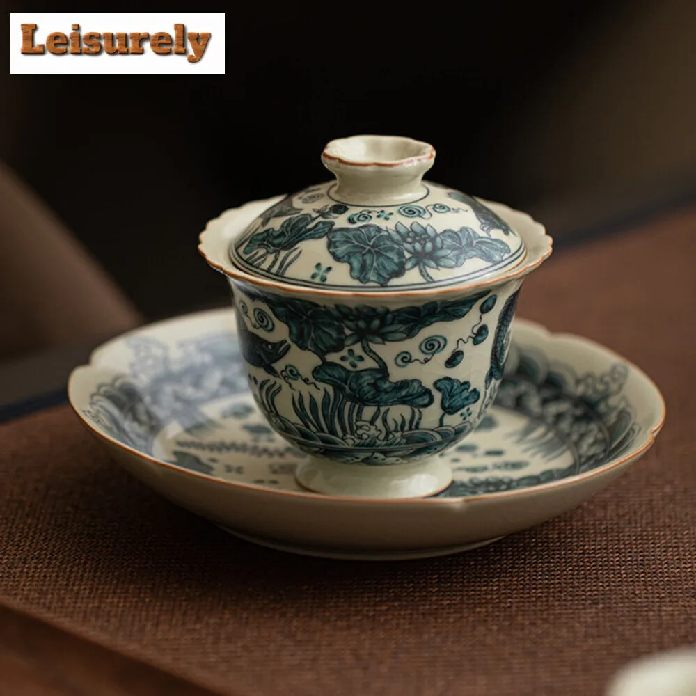 150ml Handamde Ru Kiln Porcelain Gaiwan Japanese Fish and Algae Pattern Tea Tureen Tea Maker Cover Bowl Teaset Cafes Collection