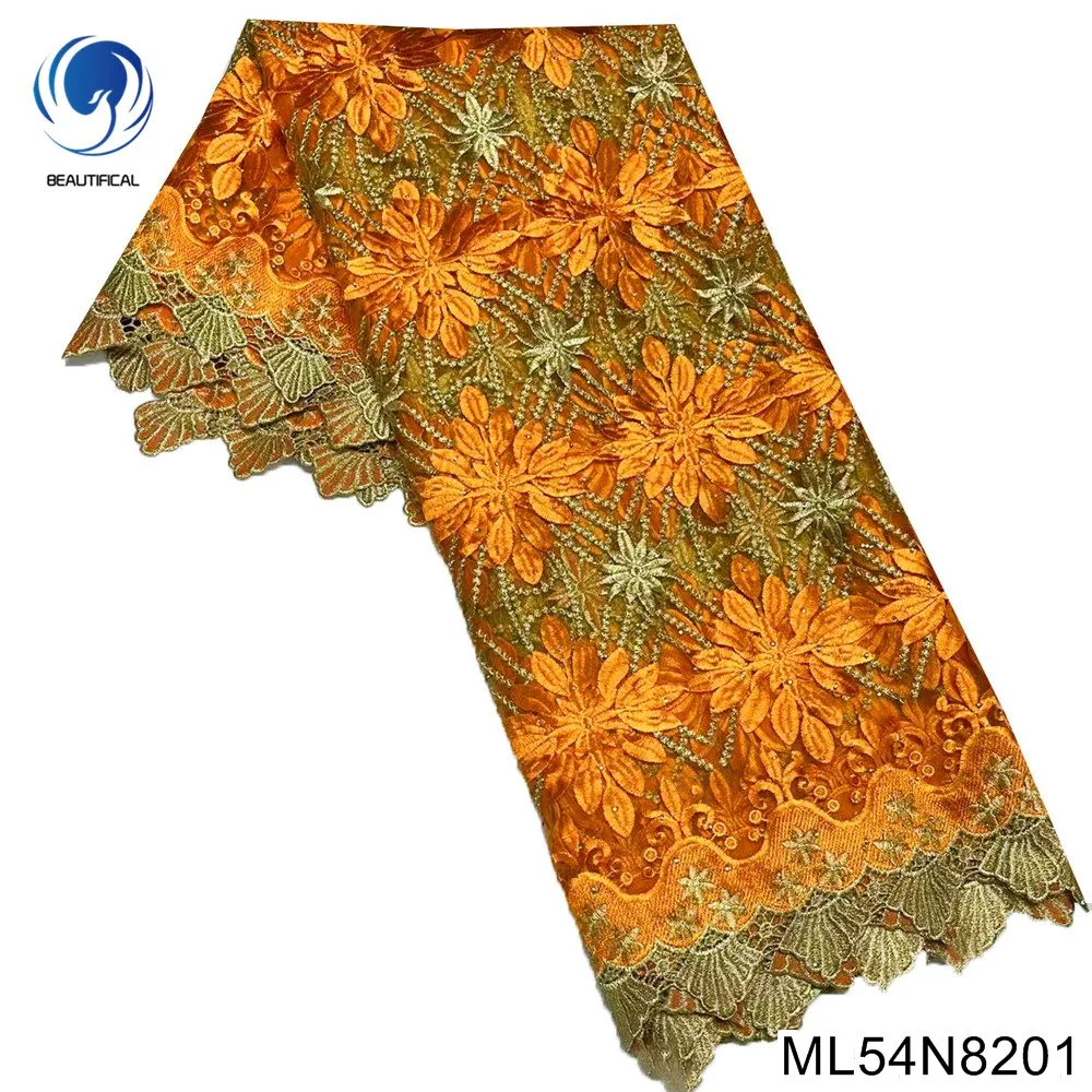 

High Quality Dignified Orange African Embroidery Lace with France Tulle Lace Fabricr 5 Yards for Party Women Dress ML54N82