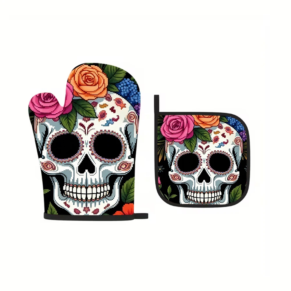 2 adet/takım kafatası desen mutfak anti-sıcak eldiven mikrodalga fırın eldiveni tencere tutacağı barbekü pişirme için yalıtım sanat yaratıcılık eldiven