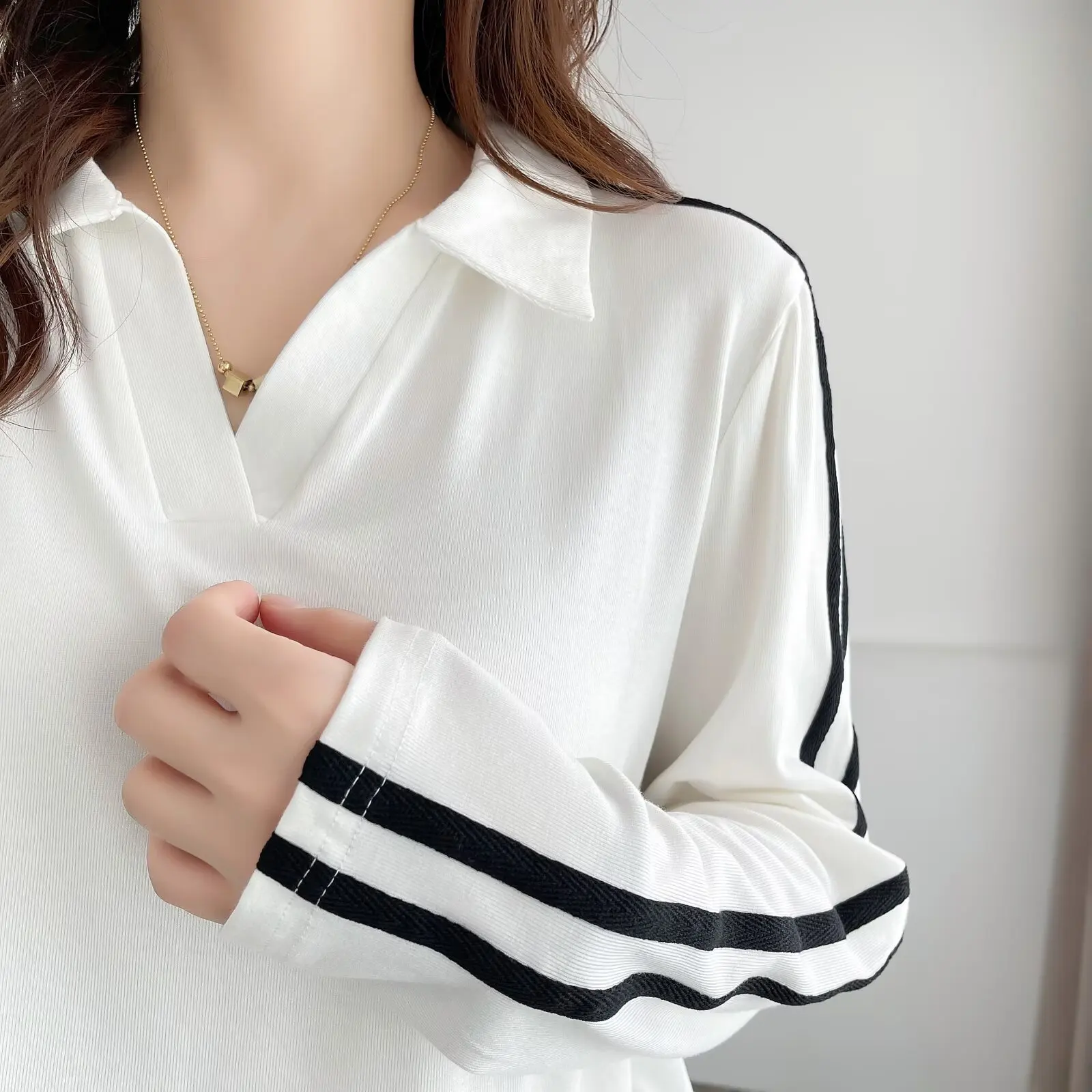 Plus Size Women's T-Shirt 2025 Autumn New Simple Sporty Lapel Double-striped long-sleeved Tops 681