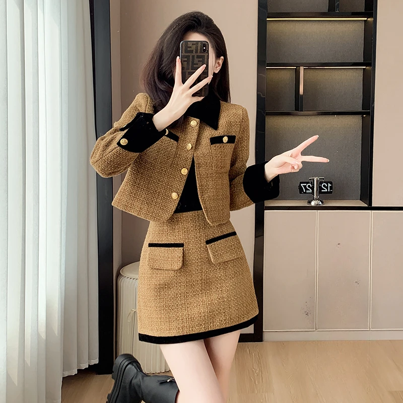 

New 2023 Autumn Small Fragrance Suit Skirt Jacket + High Waist Mini Skirts Casual Simple Tweed Two Pieces Set for Women Fashion