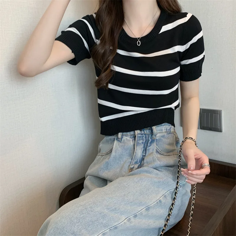 Striped Knitted Short SleeveTWomen's Summer T-shirt2023New Design Sense Niche Slim-Fit Slimming Shoulder Short Tops 1