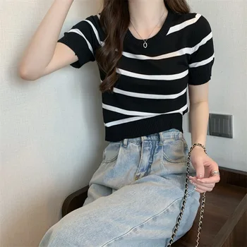 Striped Knitted Short SleeveTWomen's Summer T-shirt2023New Design Sense Niche Slim-Fit Slimming Shoulder Short Tops 1