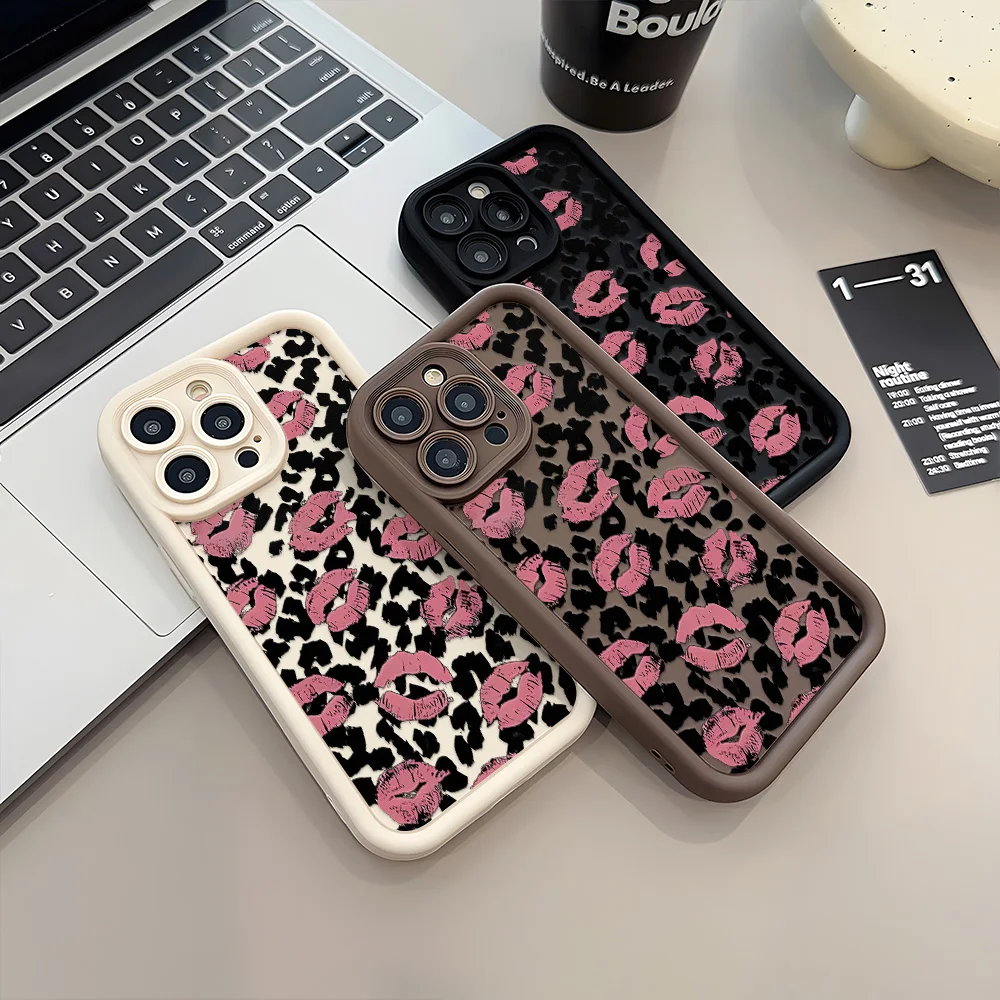 Kawaii Pink Lip Leopard Silicone Protective Painted Phone Case