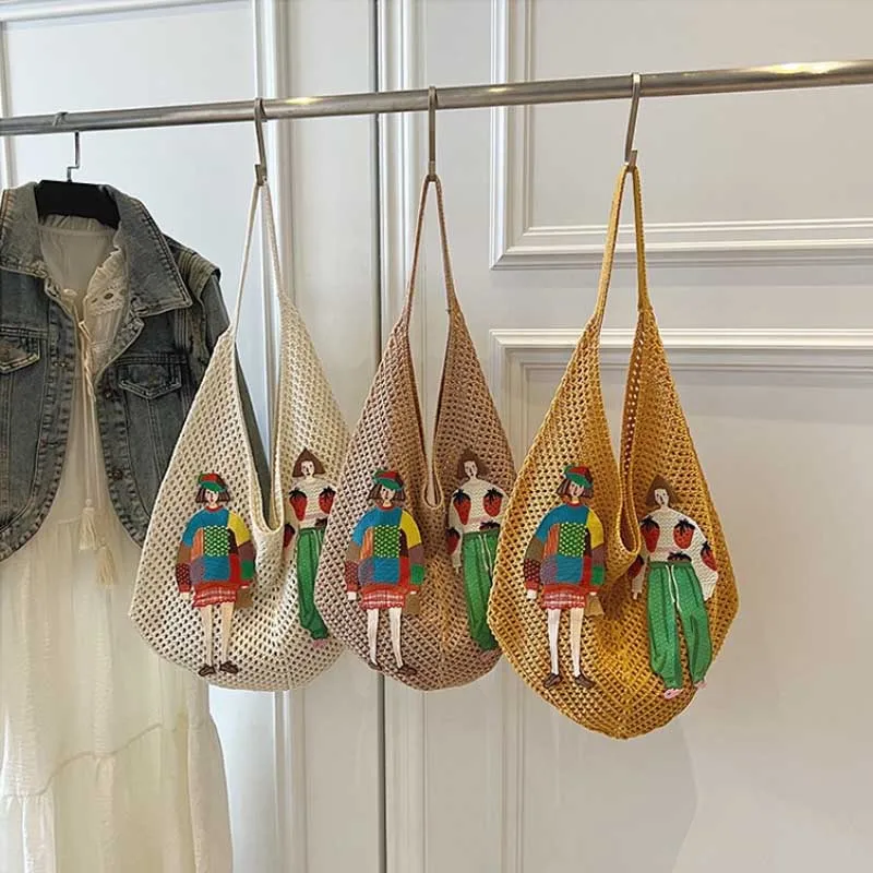 Hollow Mesh Knitted Shoulder Bag Beach Vacation Slouchy Chic Cartoon Tote Bag Lightweight Laid-Back Casual Woven Women Handbag