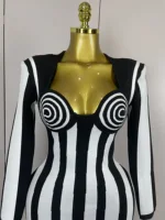 2025 Luxury Sexy Long Sleeve Stripe Black White Mini Bandage Dress Women Knitted Celebrity Elegant Evening Club Birthday Dresses - Image 5