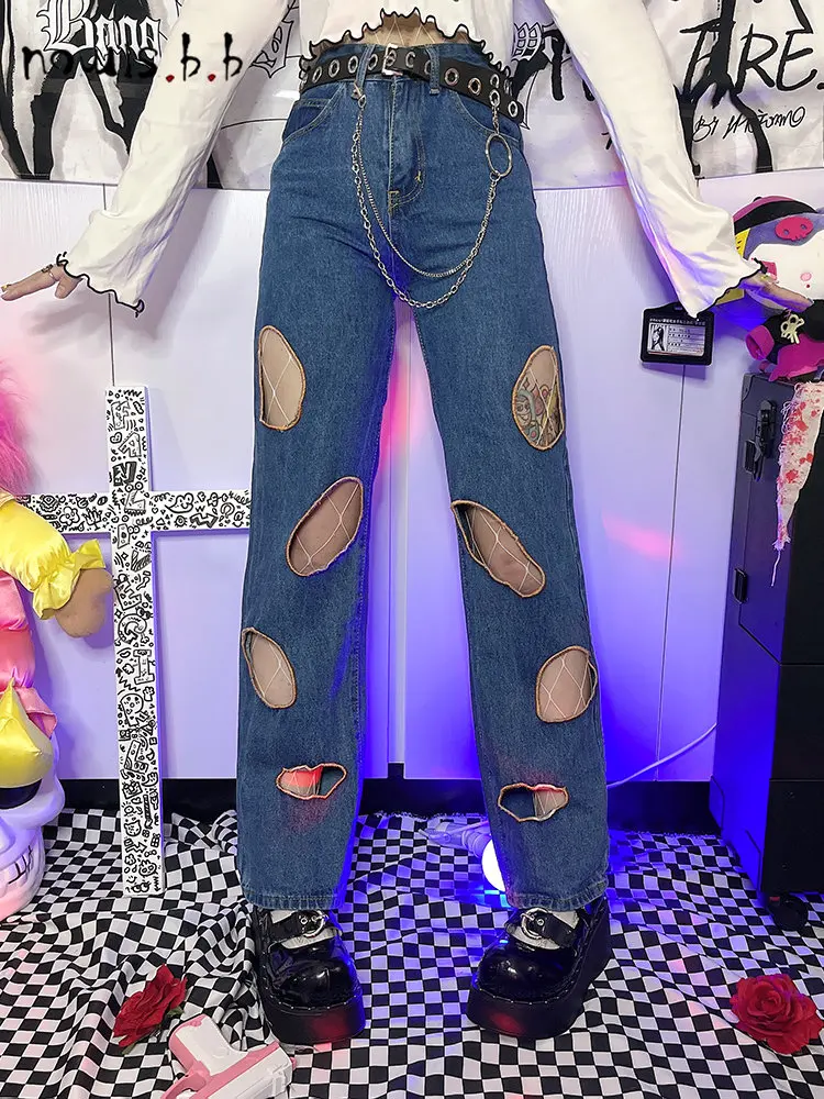 

NOWISBB Denim Trousers Women 2022 Vintage Hole High Waisted Casual Jeans Festival Party Club Y2K Ripped Joggers Pants Outfits