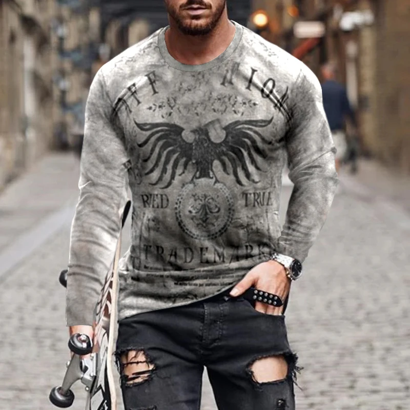 Vintage 3d Printed Long Sleeve Men's T-shirt Autumn New Style Personalized Street Casual Pullover Shirt Fashion Round Neck Shirt