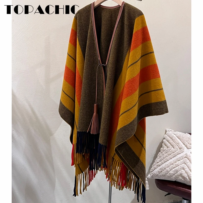 

11.9 TOPACHIC Women's Vintage Temperament Striped Genuine Leather Thick Keep Warm Tassel Cashmere Wool Capes & Ponchos