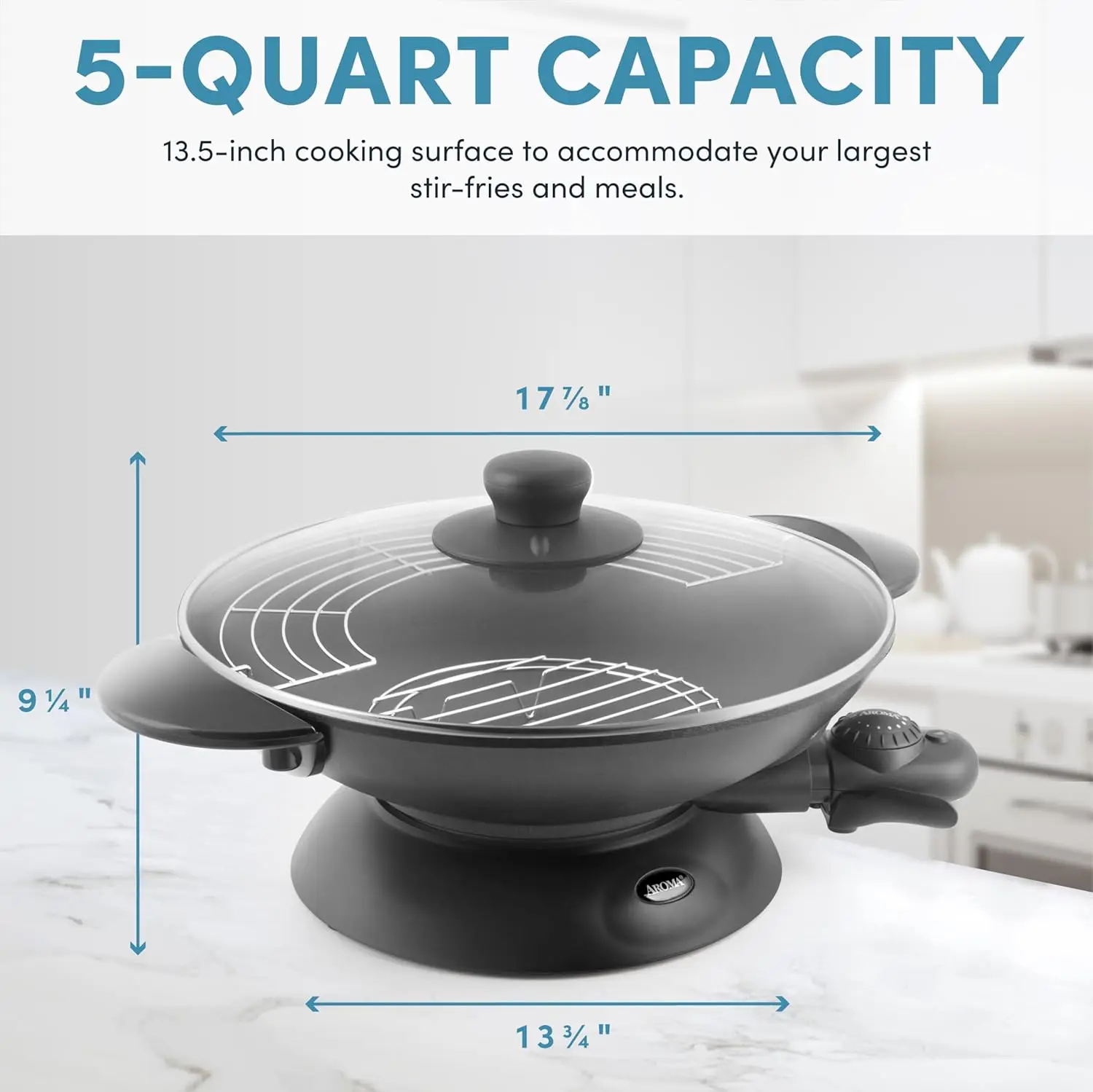 Housewares AEW-306 Electric Wok with Tempered Glass Lid Easy Clean Nonstick, Cooking Chopsticks, Tempura and Steaming Rack 2