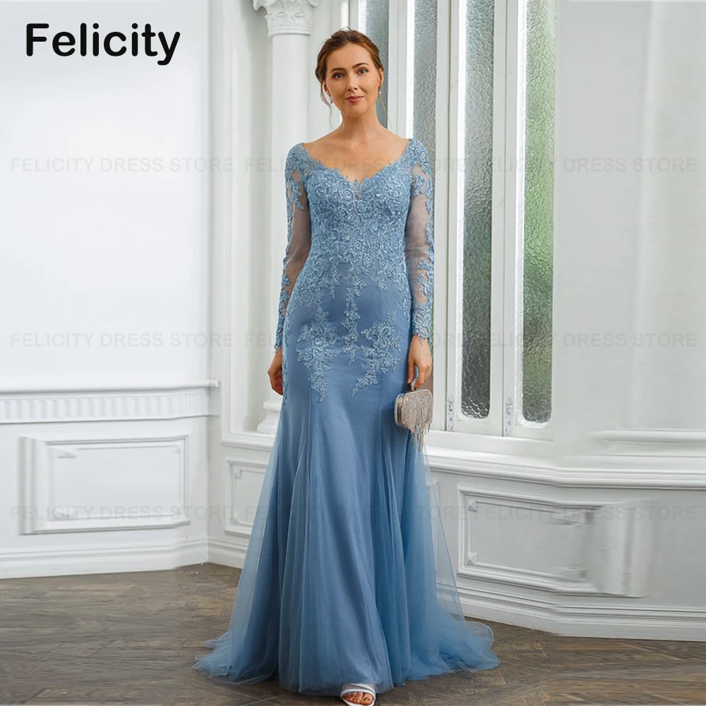 

Gorgeous Wedding Guest Dresses Mermaid V-neck Mother of the Bride Dress 2023 Long Sleeve Lace Applique Sweep Train Evening Gowns