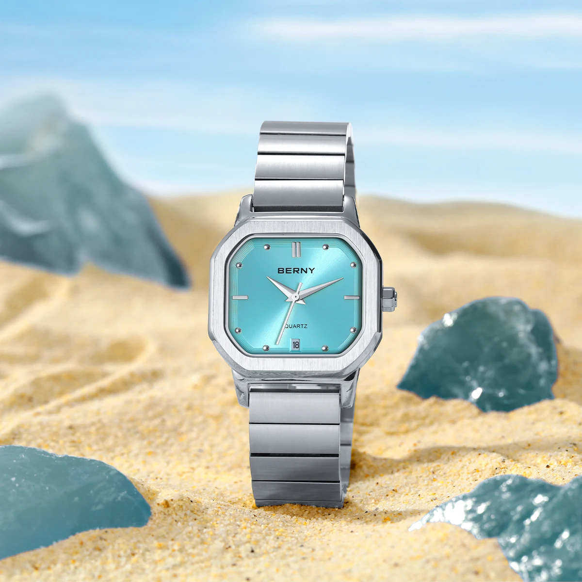 BERNY Goldene Uhren für Herren, goldene klassische quadratische Quarz-Herrenuhr, komplett aus Edelstahl, stilvolle, wasserdichte Armbanduhr – Detail 14