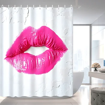 1 tenda da doccia romantica con labbra rosa per San Valentino, decorazione da bagno in poliestere resistente all'acqua con 12 ganci, lavabile in lavatrice, 1