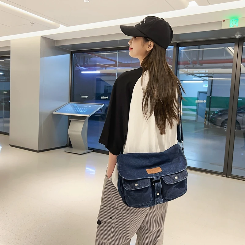 Denim Flap Women's Bag Large Jeans Messenger Bag Y2K Canvas