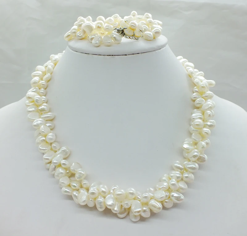 

Classic white 3 strand Baroque freshwater pearl necklace and Bracelet Set 19 inches (100% natural pearls) 18"