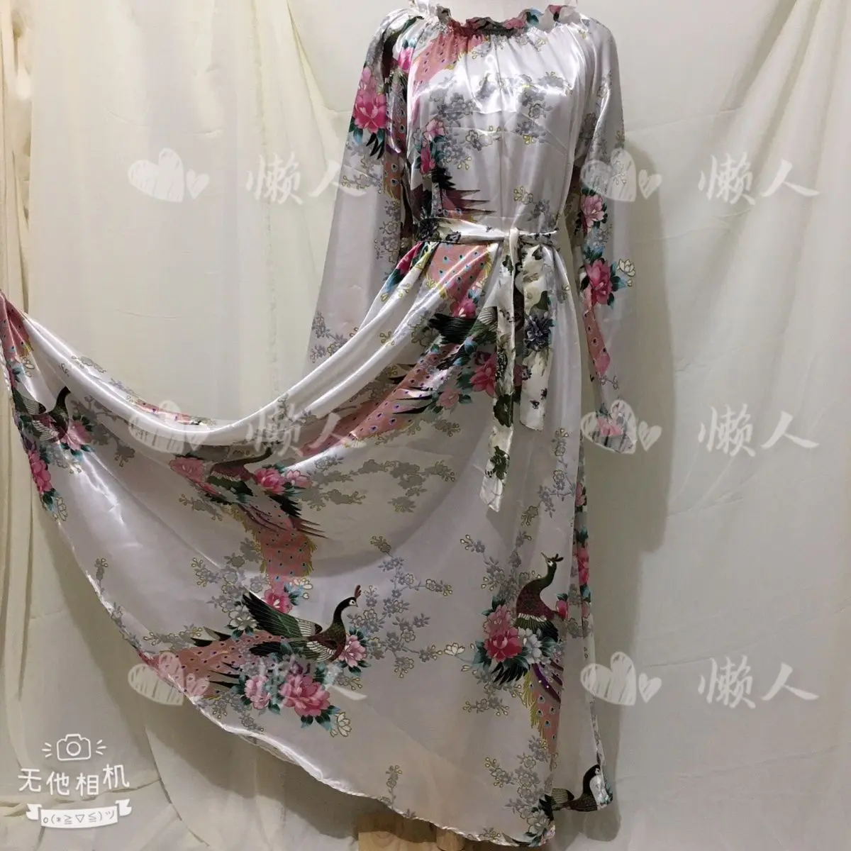 

Glossy Floral Print Women Satin Long Sleeve Dress With Sash Loose Maxi dress Plus Size Sleeping Robe