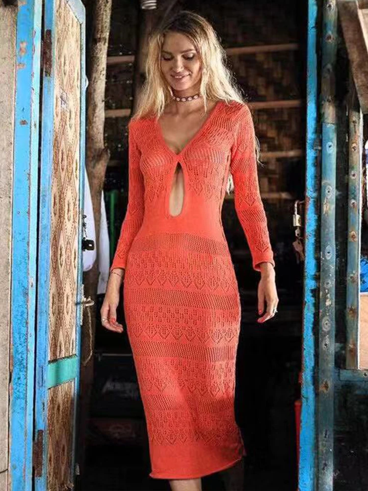 2023 Bohemian Long Crochet Knitted Beach Cover ups Bikini Swimsuit cover Up Beach wear Pareos de Playa Mujer Bikini Cover up