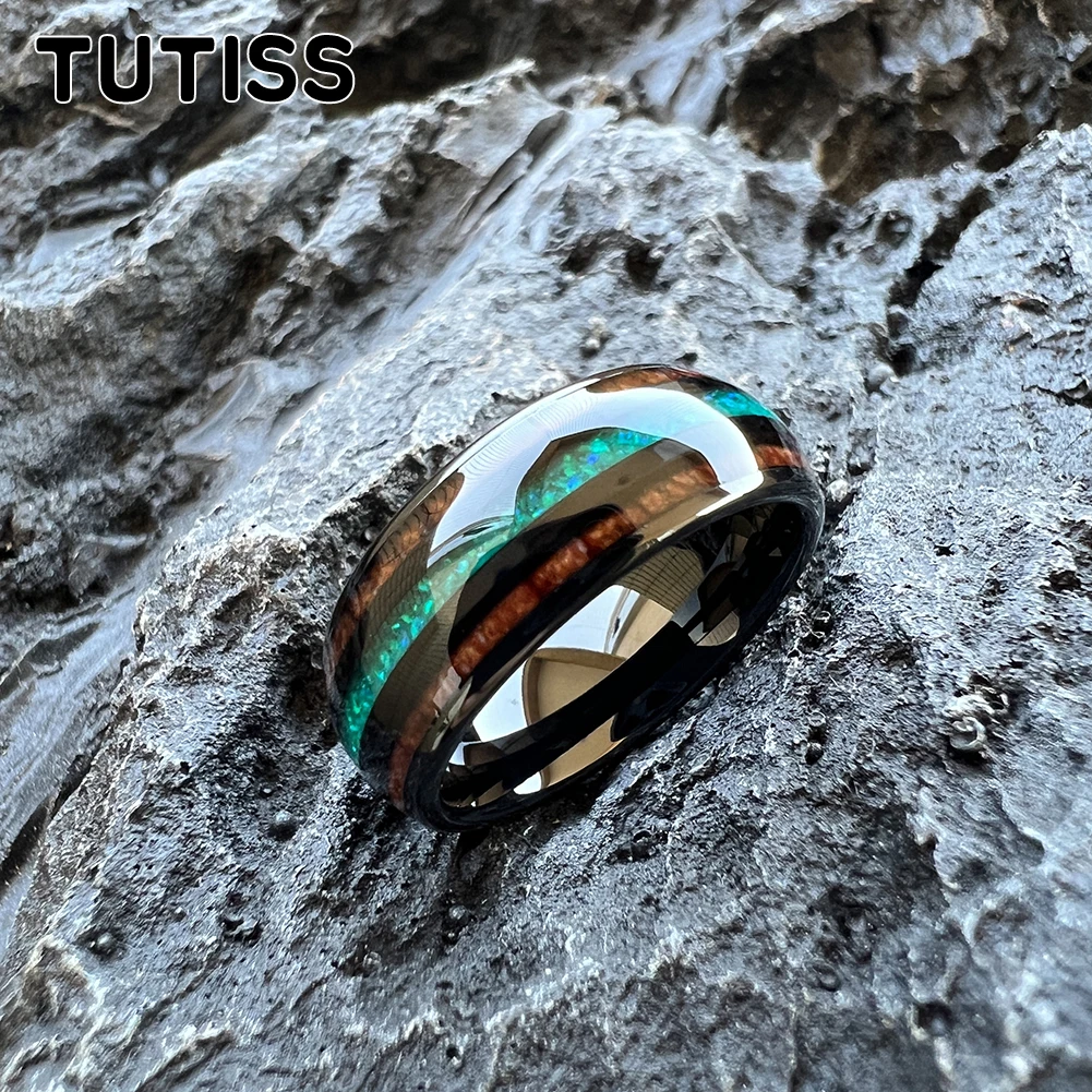 8mm Tungsten Ring for Men Women Engagement Wedding Band Jewelry Green Opal Koa Wood Inlay