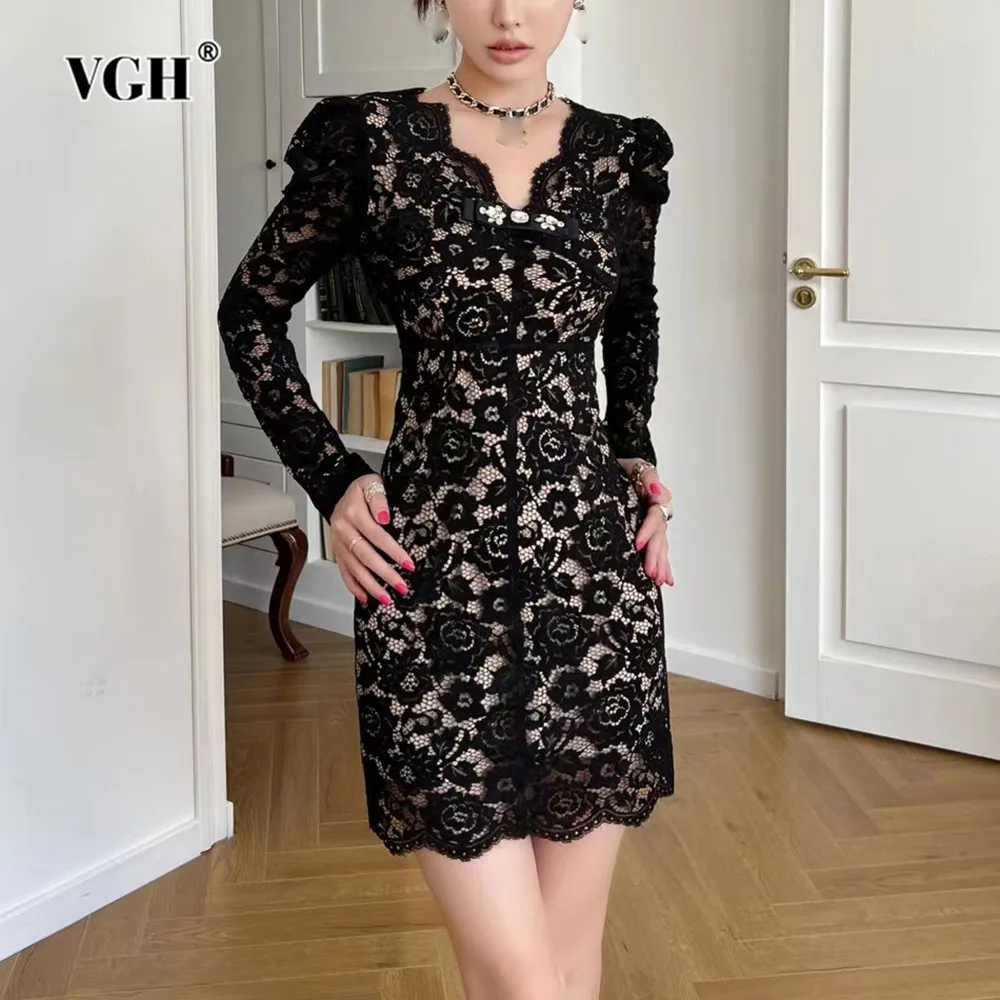 

VGH Solid Patchwork Lace Slimming Dress For Women V Neck Long Sleeve High Waist Bodycon Spliced Diamonds Sexy Dresses Female New