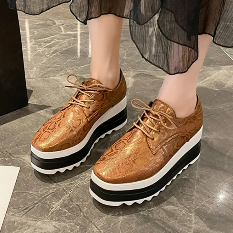 Snake Pattern Chunky Platform Sneakers Women Lace-Up Pu Leather Wedges Shoes Woman Thick Bottom Non-Slip Vulcanized Shoes Ladies 3