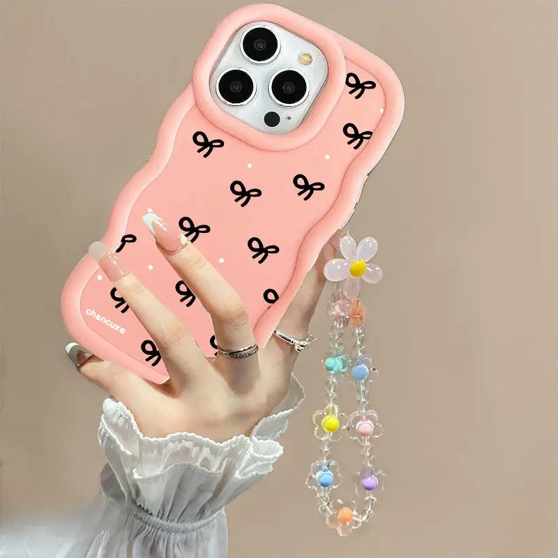 Bow Flower Lanyard Wavy Edge Phone Case