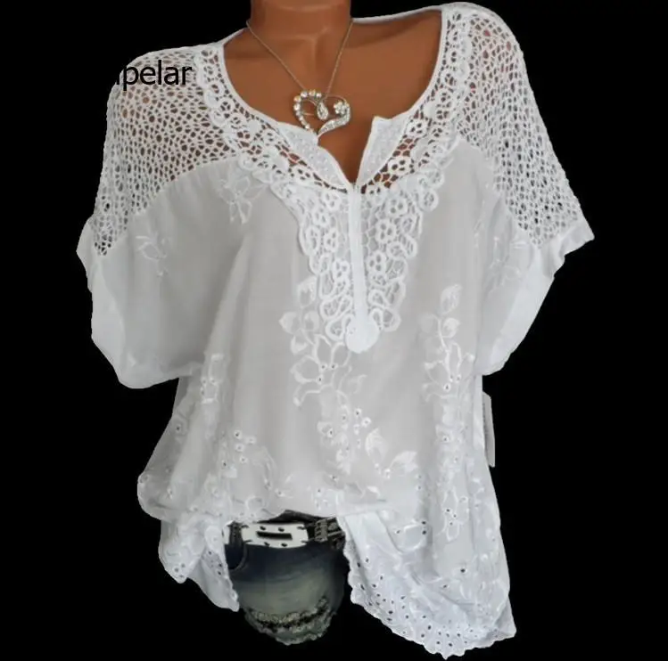 

Large Size Loose Short-Sleeved Lace Women Blouses Cotton Blouses 2021 Summer Shirt Tops Sexy Fashion Women Shirt