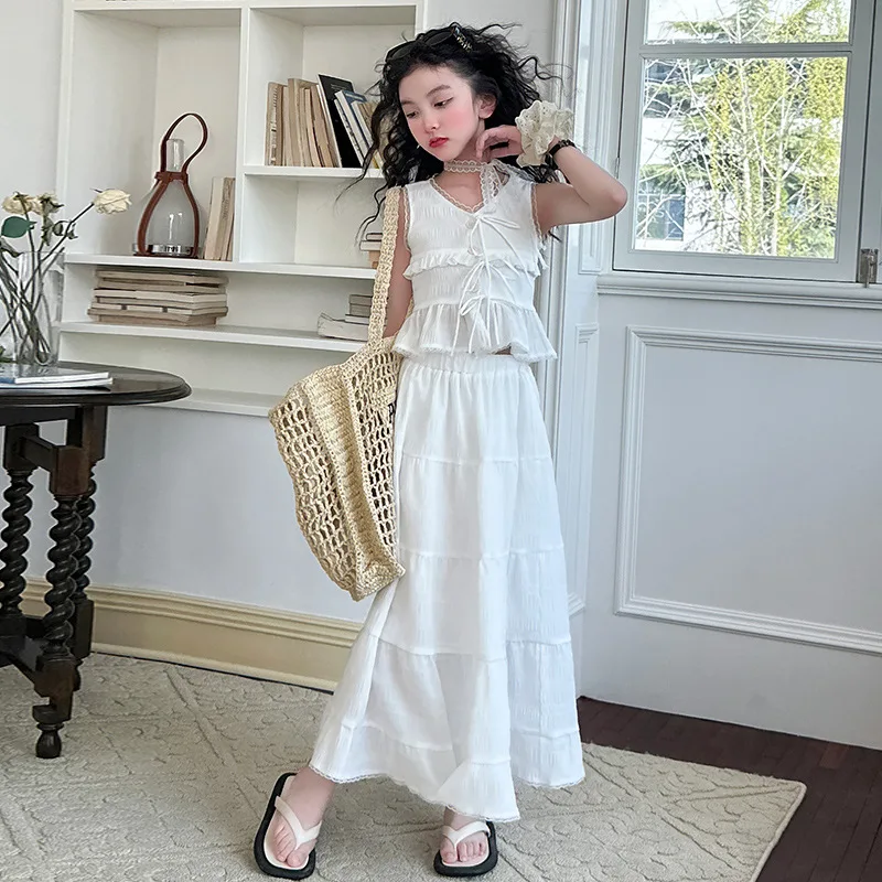 summer teen girl skirt sets White ruffled sleeveless top+long skirt