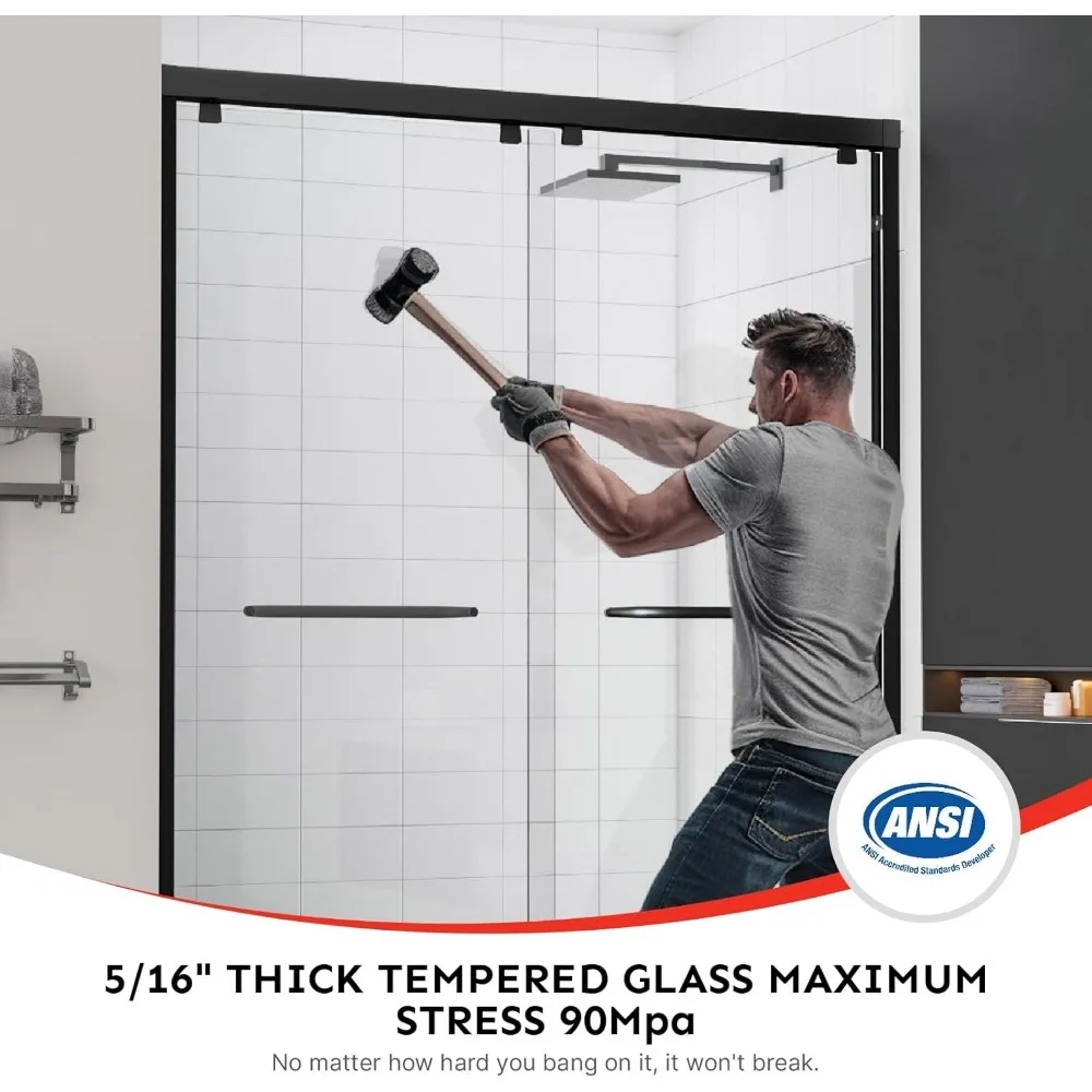 56-60" Wx76 H Semi Frameless Double Sliding Shower Door, Matte Black Easy Clean Coating Sliding Shower Door 3