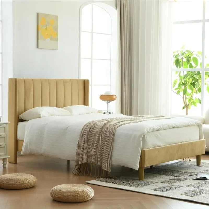 

Upholstered Platform Bed Frame/Full Bed Frame/Modern Geometric Double-Wing Design Headboard/Flannel and Linen Fabric