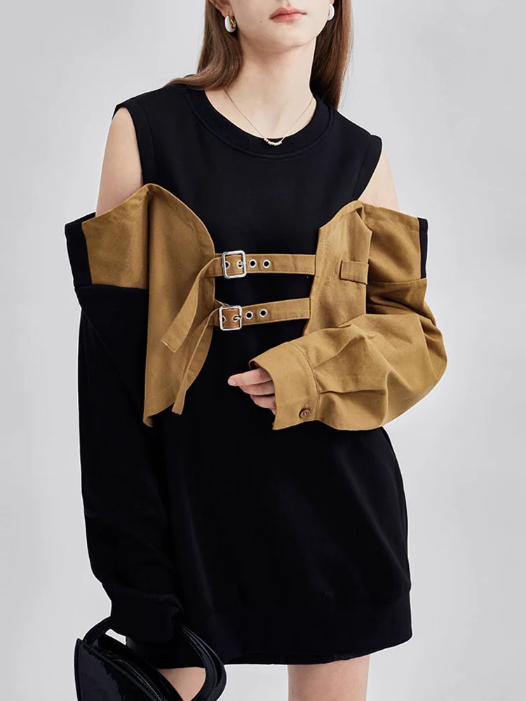 

] Women Black Color-block Off Shoulder Long Big Size T-shirt New Round Neck Long Sleeve Fashion Spring Autumn 2023 M839