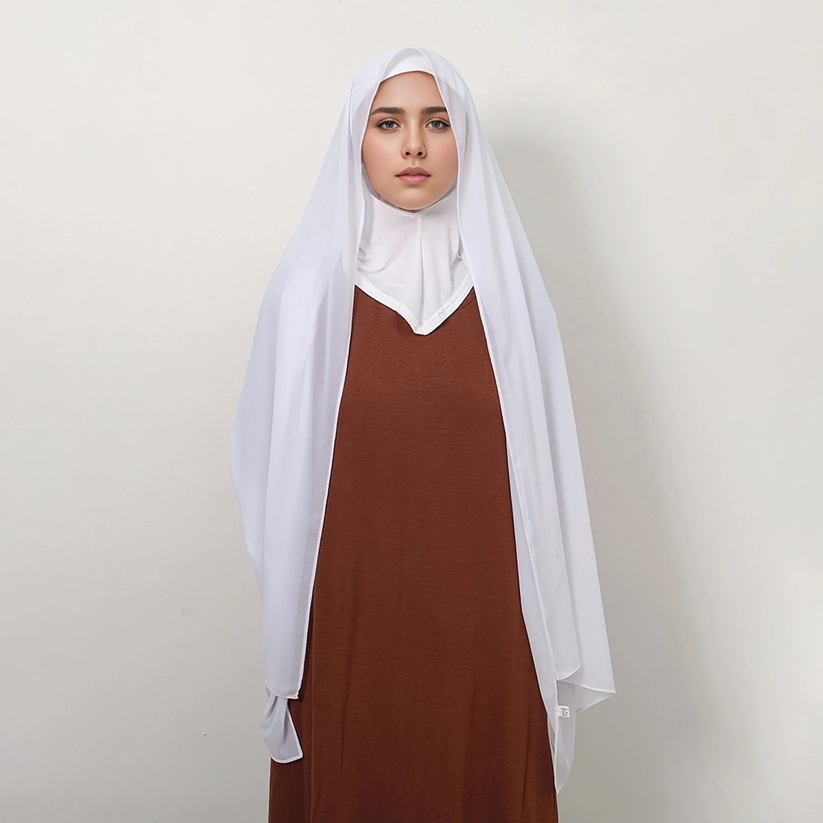 Muslimischer Instant-Chiffon-Hijab Ramadan Inneres Kopfband Damen-Kappe Bonnet Langer Schal mit Jersey-Unterkopftuch Nackenschutz Kopfbedeckung – Detail 3